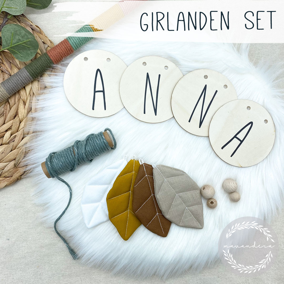 01-7019 Girlande-weiß-senf-braun-leinen DIY Girlande | Set in weiß.senf.braun.leinen – Bild 1