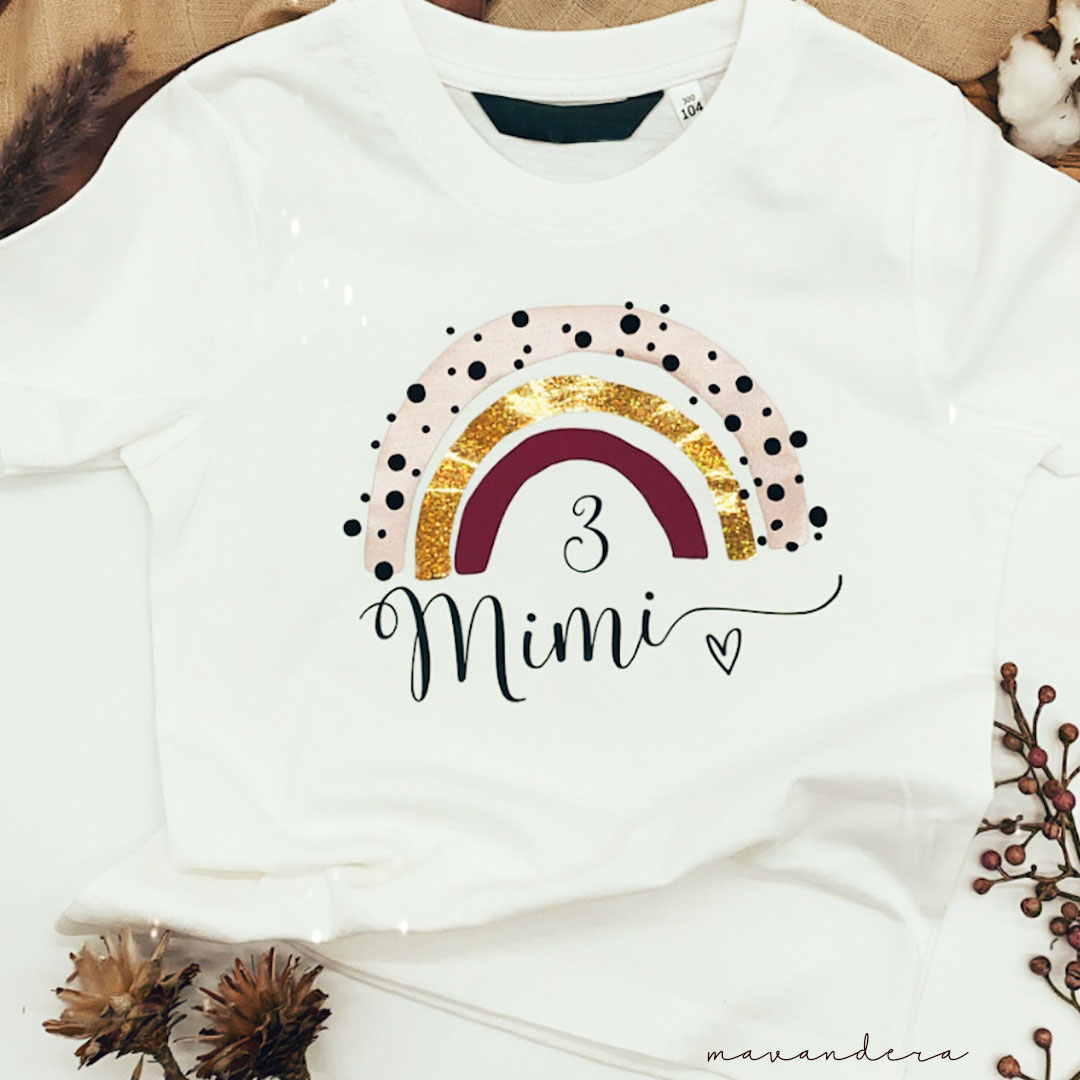 Mimi-Shirt-Rainbow-Rosegold Rainbow Rosegold mit Name + Zahl/Herz | Shirt oder Body (lang/kurz) – Bild 1