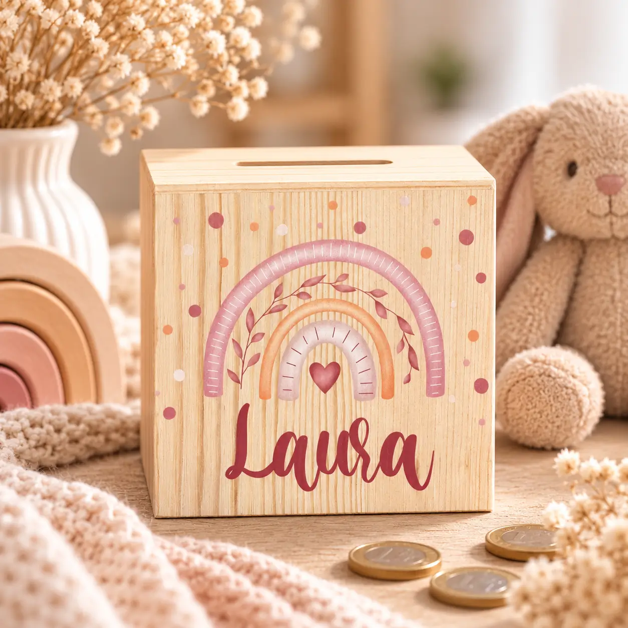 Hölzerne Spardose „Laura“ im Regenbogenstil Spardose - Regenbogen "Anna" – Bild 1