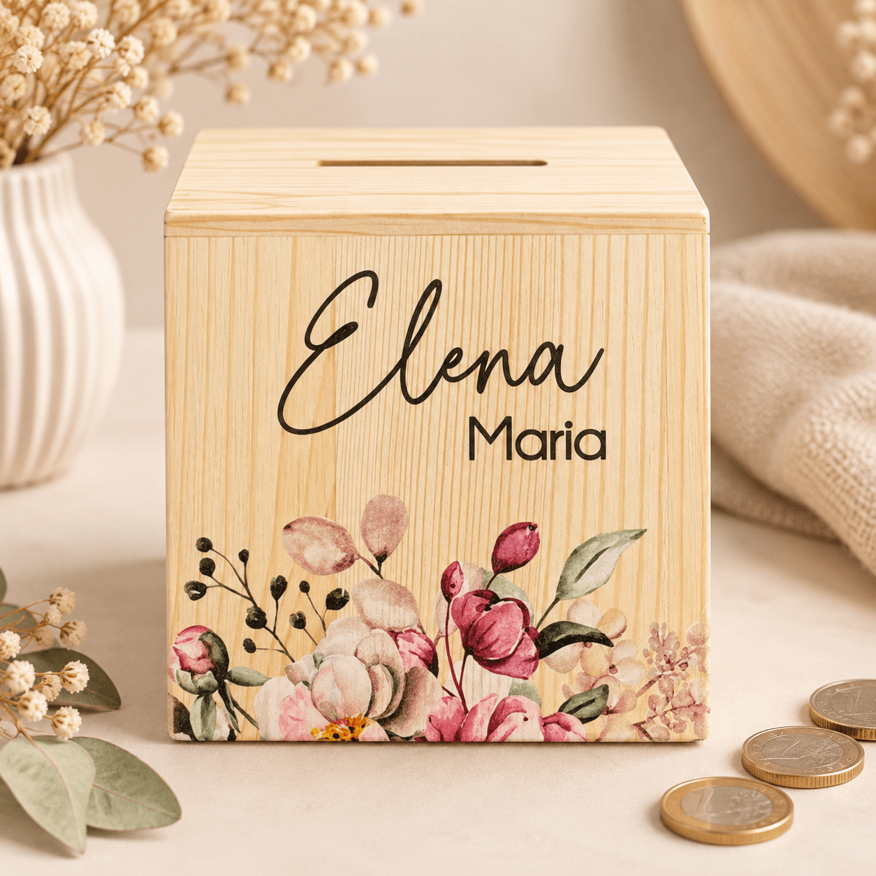 Personalisierte Holzspardose mit Blumen-2 Spardose - Blumenleiste Olivia – Bild 1
