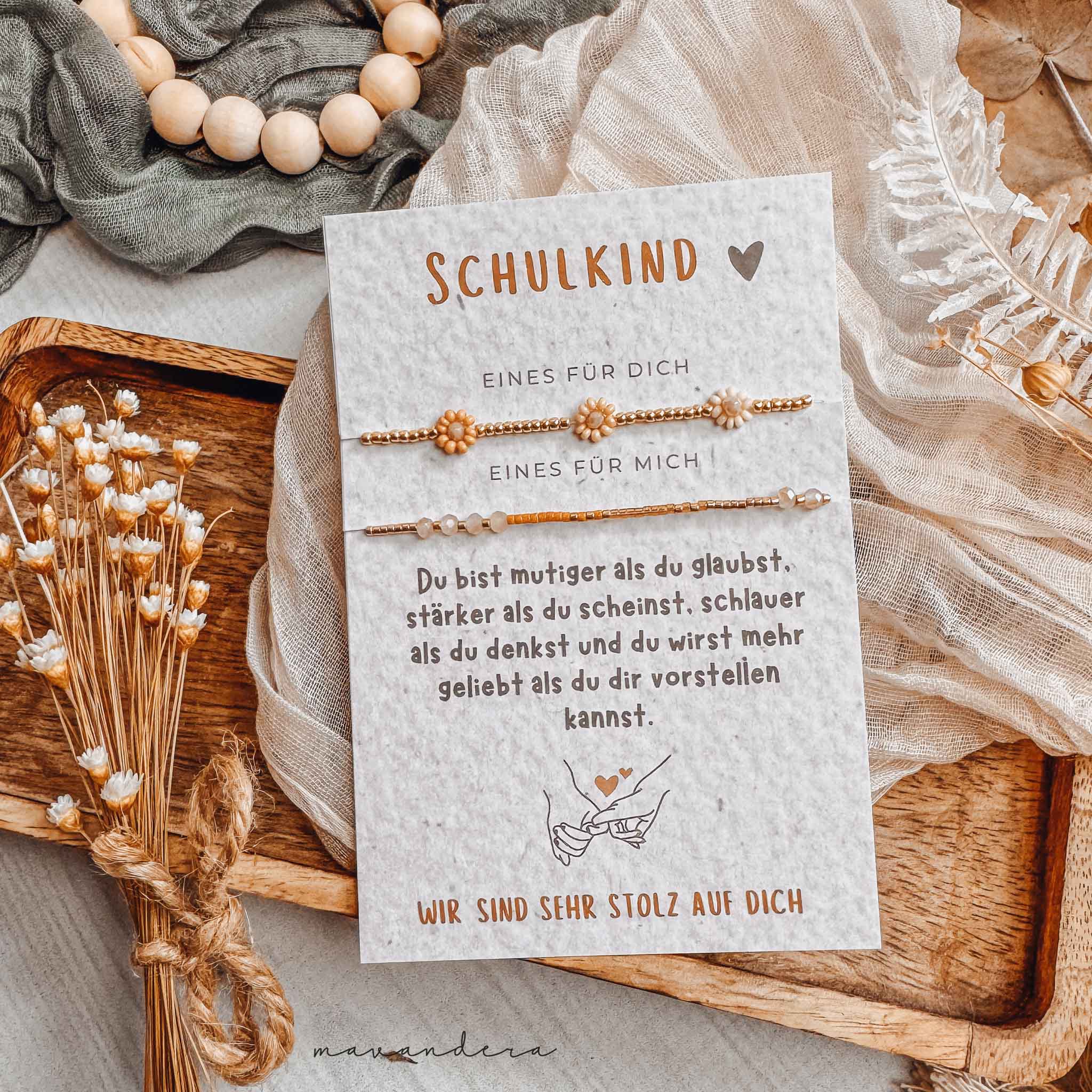 Schulkind blumen beige - basic beige Schulkind KOMBI 2er Set - Armband mit Karte | Blumen beige + beige basic – Bild 1