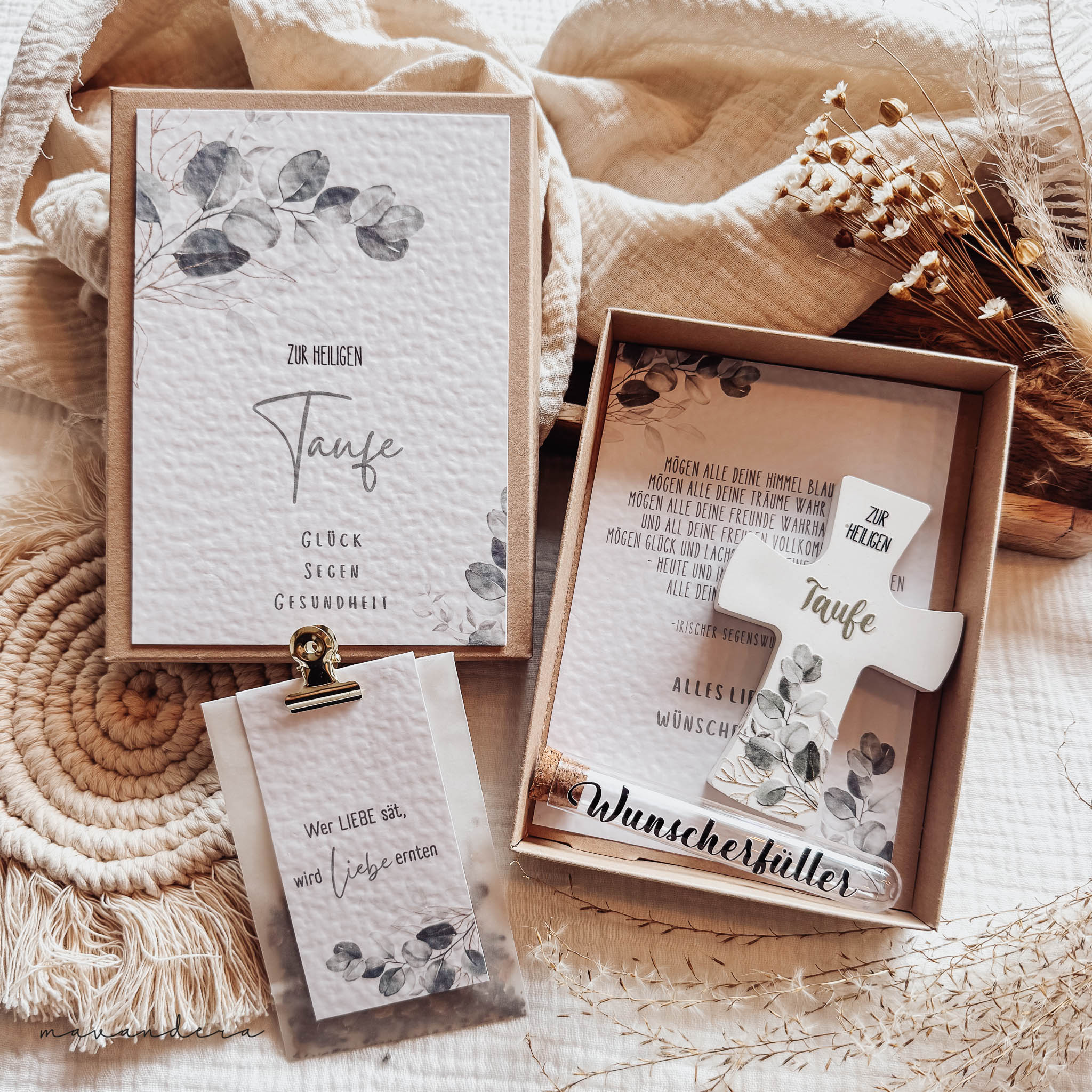 Box Taufe Eukalyptus Geschenkbox Taufe Eukalyptus inkl. Kreuz - Geldgeschenk liebevoll verpacken - Personalisierung – Bild 1