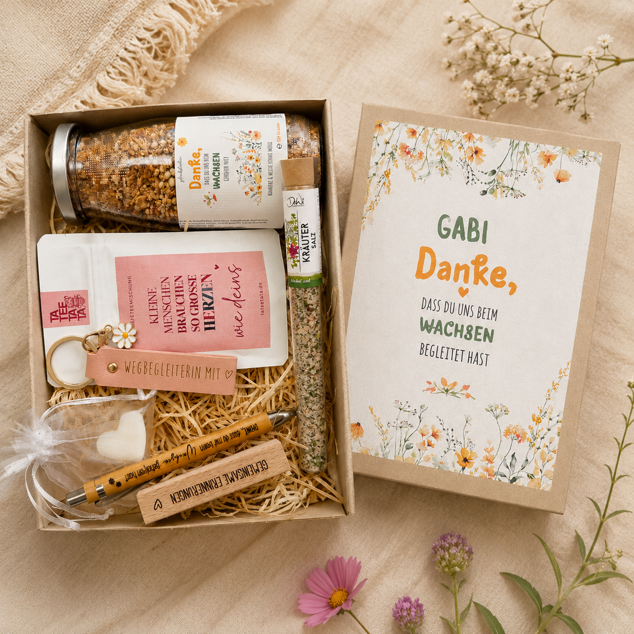 DANKE Box Geschenkbox - individuell zusammenstellen mit Tee, Gewürz, Kugelschreiber, Schlüsselanhänger und mehr | Personalisierung – Bild 1