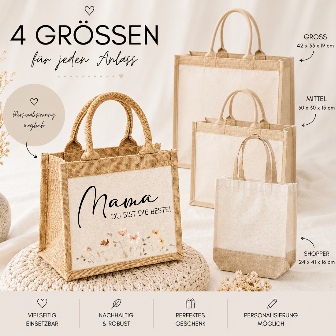 größen info tasche Jute Tasche | MAMA.Blumen - verschiedene Größen & Personalisierung möglich – Bild 1