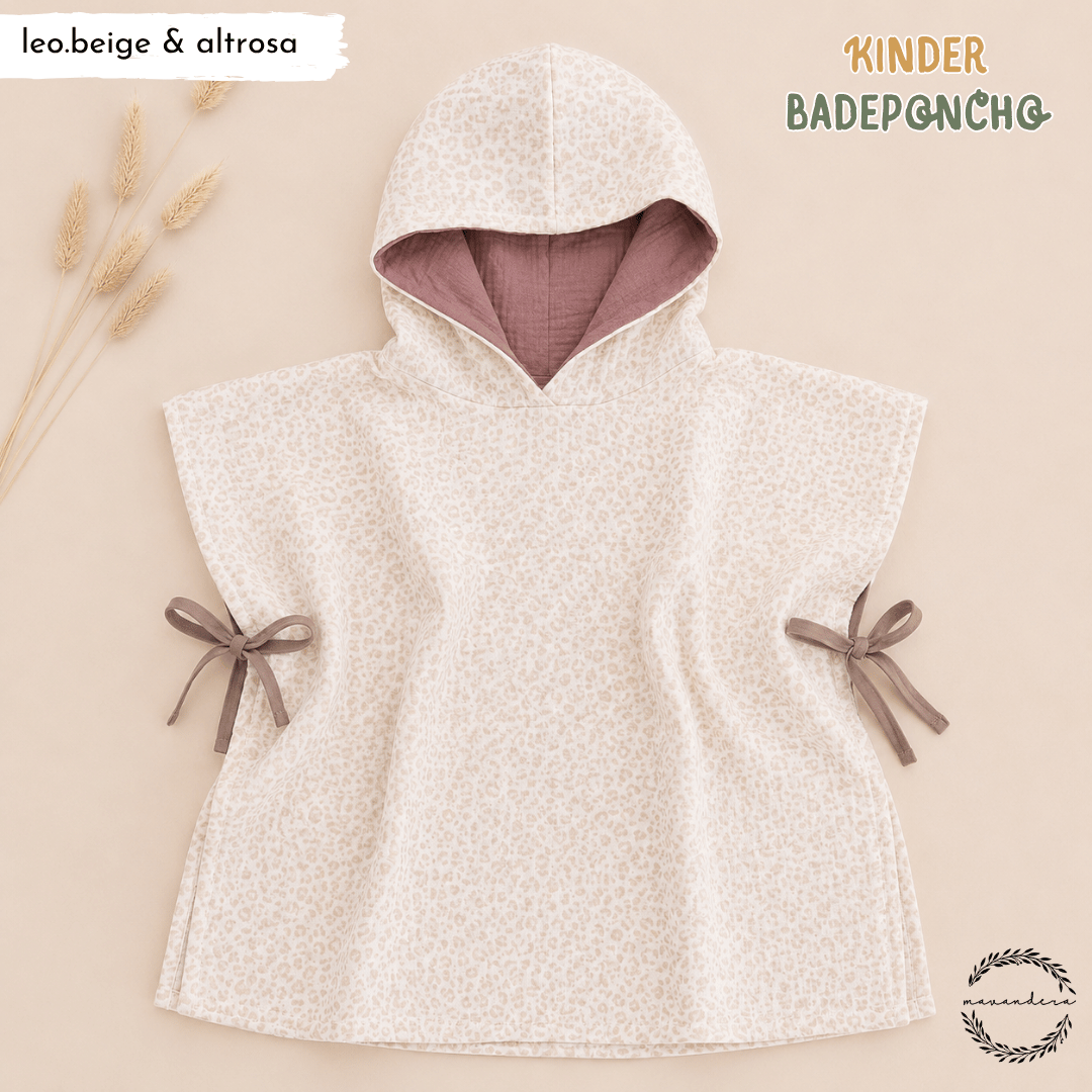 Poncho leo beige altrosa Musselin Bade Poncho KINDER | Leo beige & altrosa dunkel – Bild 1