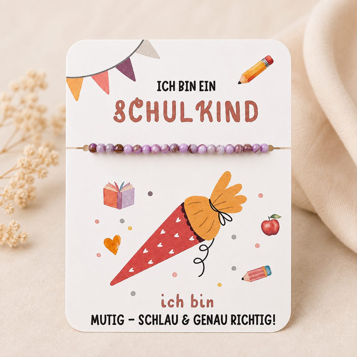 Schulkind_Armband_Girl-lila Schulkind #neu – Armband mit Karte | Perlen lila – Bild 1