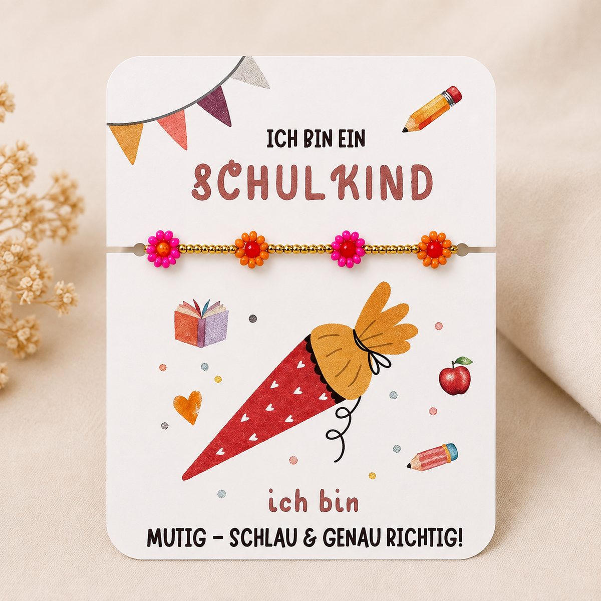 Schulkind_Armband_blumen Pink Schulkind #neu – Armband mit Karte | Blumen pink – Bild 1