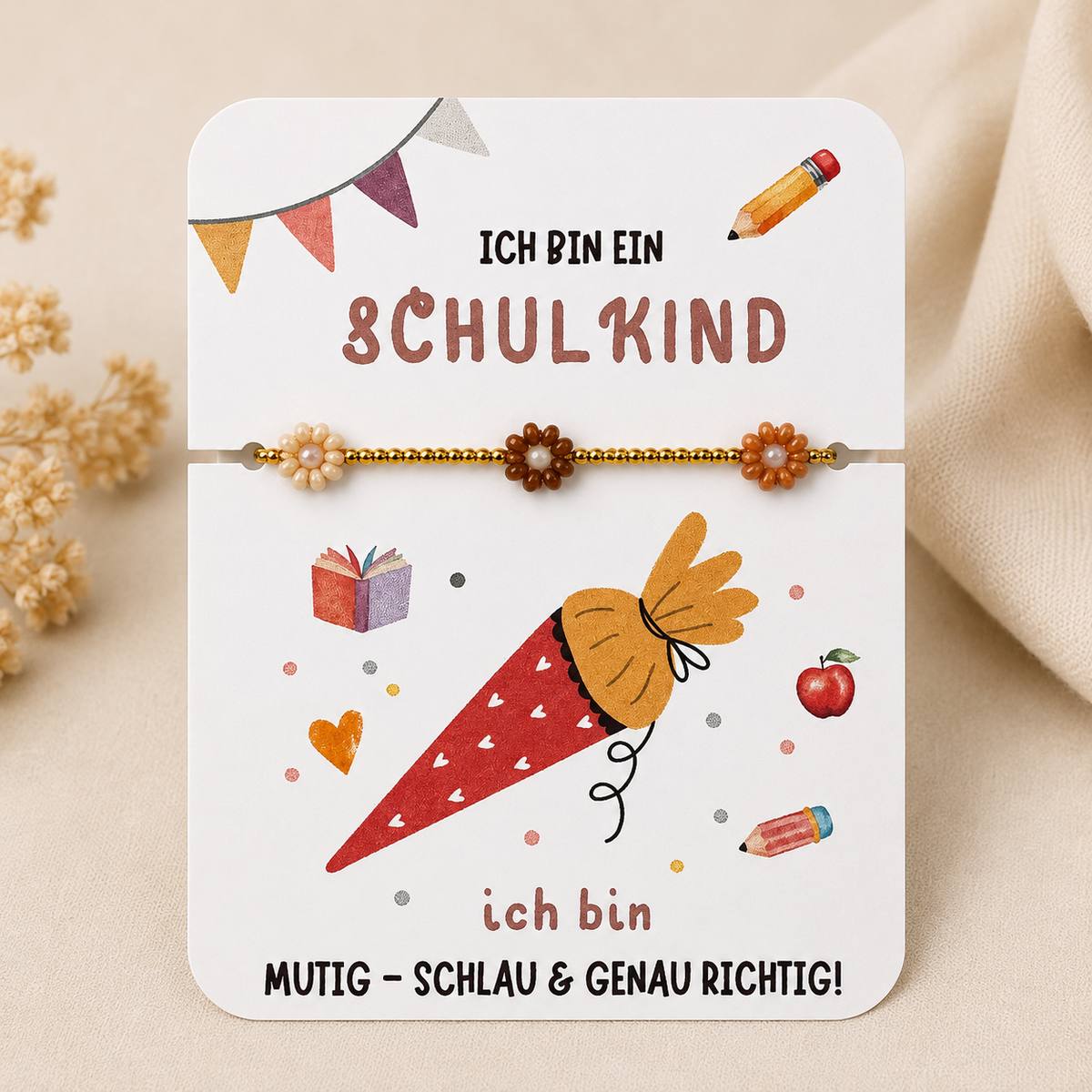 Schulkind_Armband_blumen beige Schulkind #neu – Armband mit Karte | Blumen Beige – Bild 1
