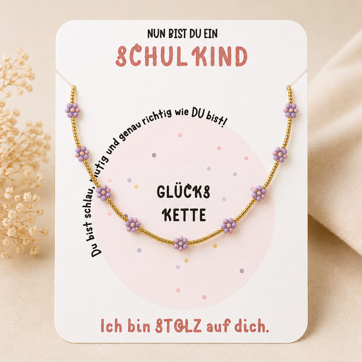 glueckskette Schulkind lila Schulkind #neu – Halskette mit Glücks-Karte | Blümchen peach/lila – Bild 1