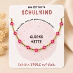 Schulkind #neu – Halskette mit Glücks-Karte | Blümchen rosa/pink