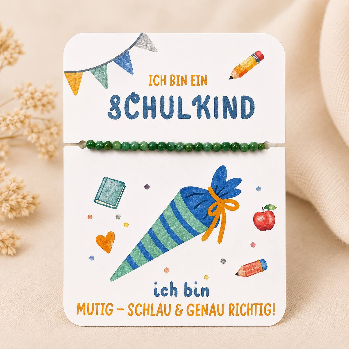 schulkind_armband_webshop perlen grün Schulkind #neu – Armband mit Karte | Perlen grün – Bild 1