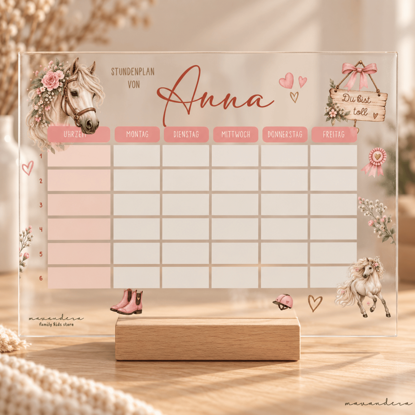 Stundenplan webshop - ANNA Stundenplan "Anna" - Pferd1 | mit Holzständer - Personalisiert & Wiederbeschreibbar – Bild 1