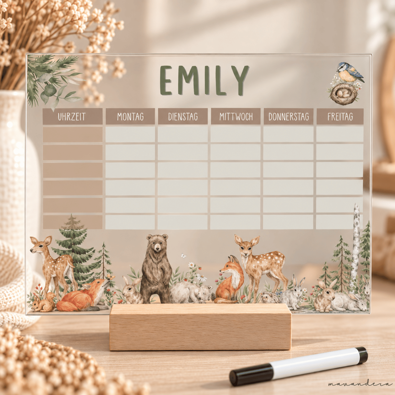 Stundenplan webshop - Emily Stundenplan "Emily" - Waldtiere | mit Holzständer - Personalisiert & Wiederbeschreibbar – Bild 1
