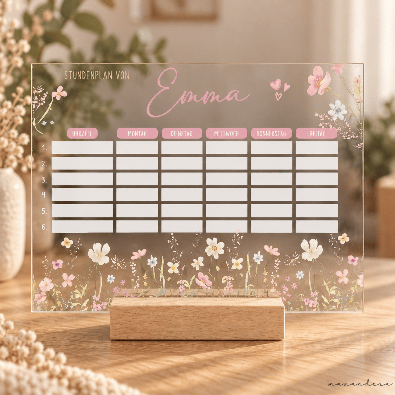 Stundenplan webshop - emma Stundenplan "Emma" - Blumen zart | mit Holzständer - Personalisiert & Wiederbeschreibbar – Bild 1
