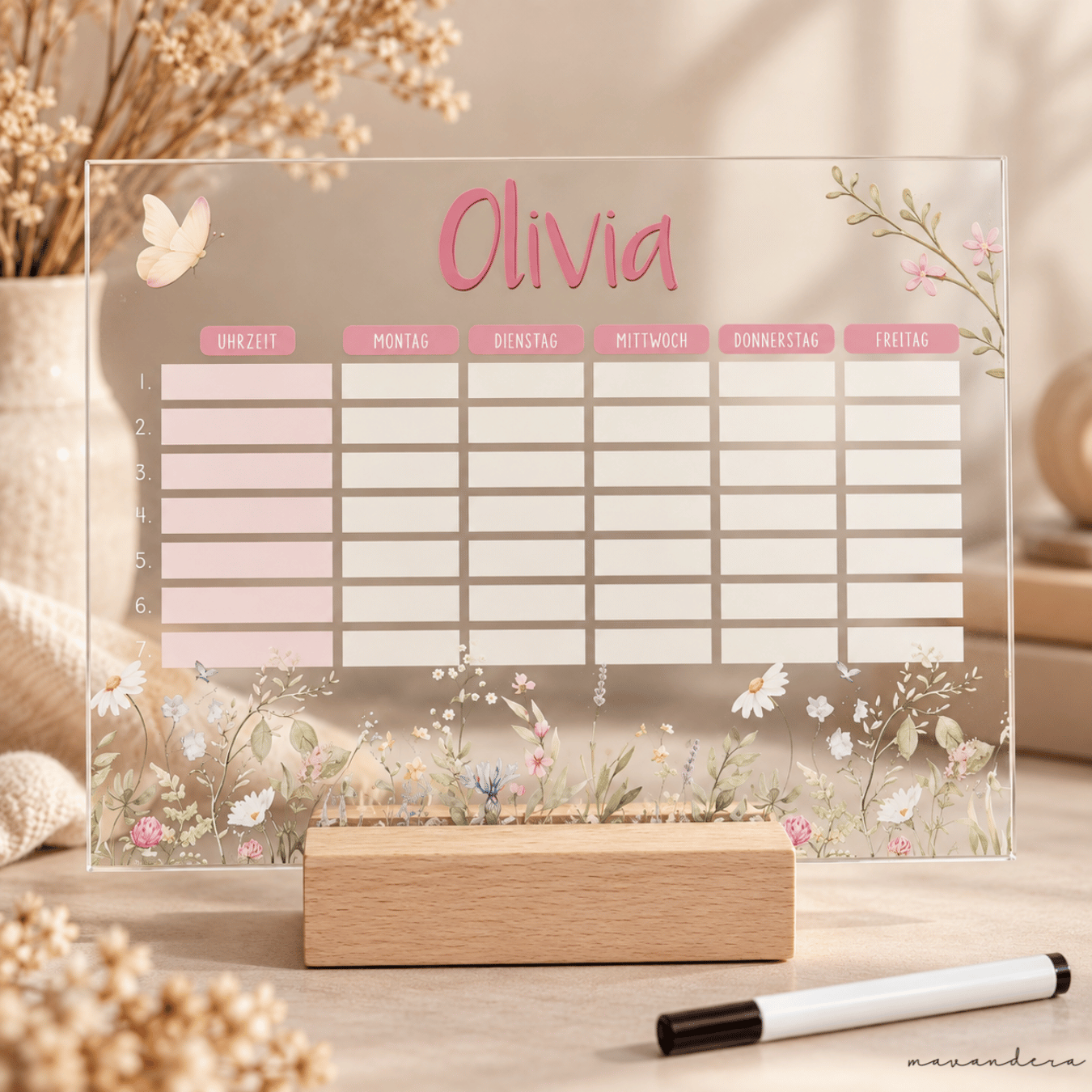Stundenplan webshop - olivia Stundenplan "Olivia" - Blume & Schmetterling | mit Holzständer - Personalisiert & Wiederbeschreibbar – Bild 1