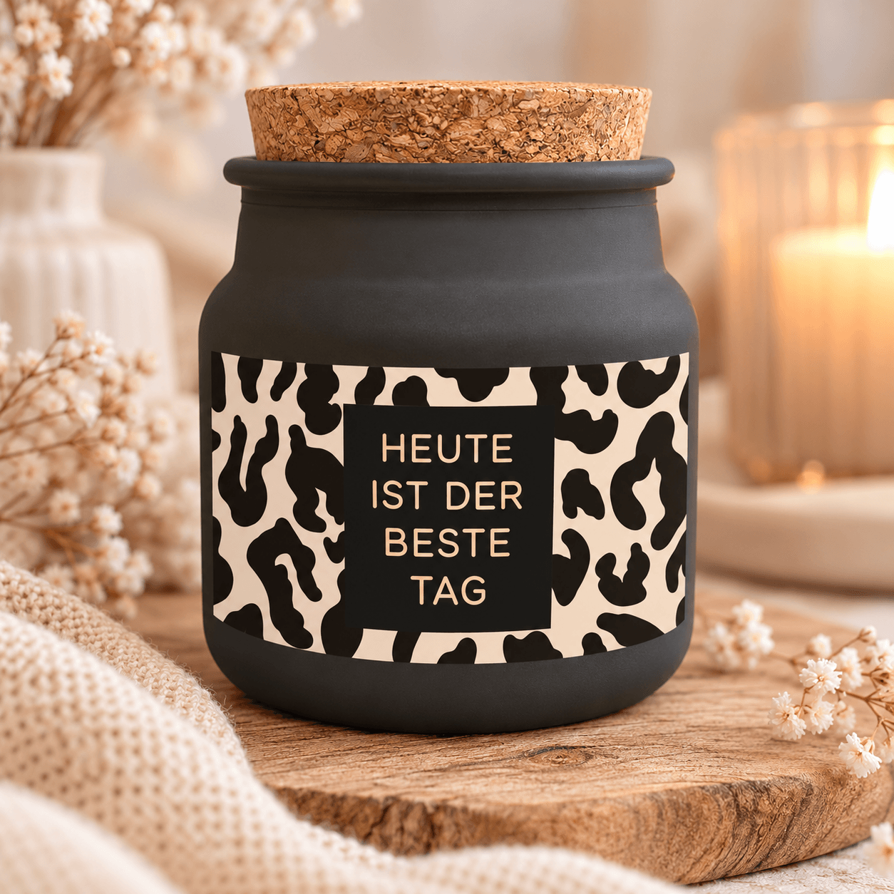 Gemütliche Duftkerze mit Tierprint-Label-2 Wohlfühl Kerze - LEO Heute ist der beste Tag | Grafikwerkstatt – Bild 1