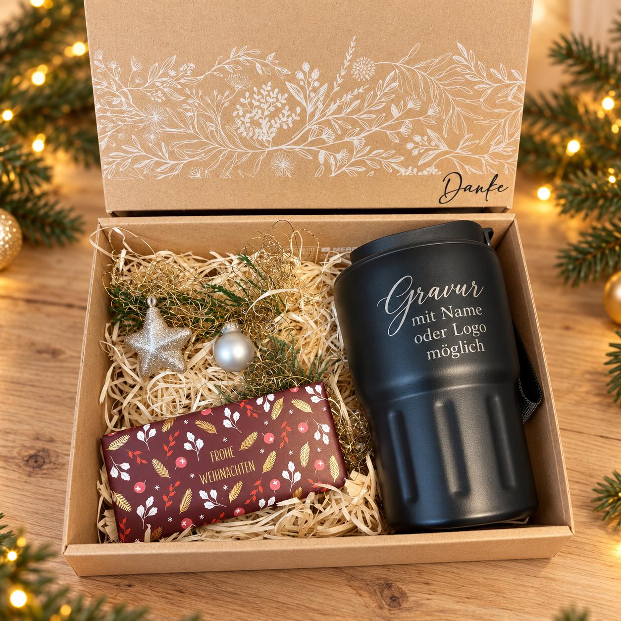 Geschenkbox 2 - Thermobecher 27,90 Weihnachtliche Geschenkbox 2 "Genuss Momente" mit Thermo Becher – personalisiert – Bild 1