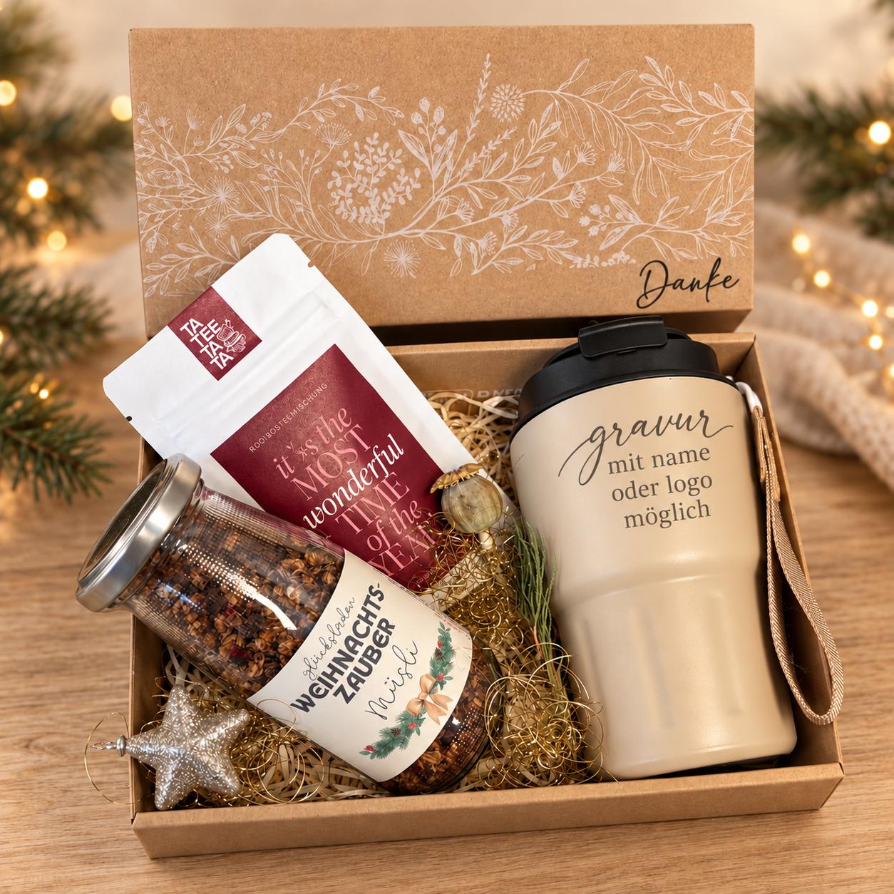 Geschenkbox 4 - Müsli, Thermobecher, Tee 33,90 Weihnachtliche Geschenkbox 4 "Winterliebe" Thermo Becher, Tee, Müsli – personalisiert – Bild 1
