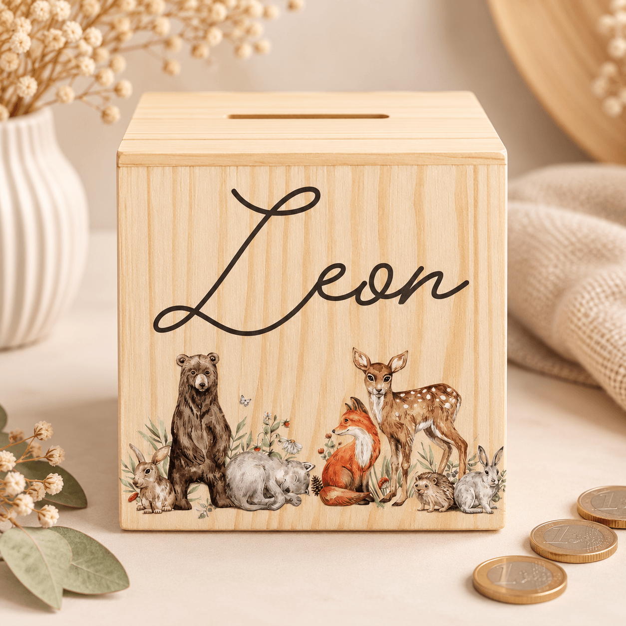 Holze Spardose „Leon“ mit Waldtieren-2 Spardose - Waldtiere "Leon" – Bild 1
