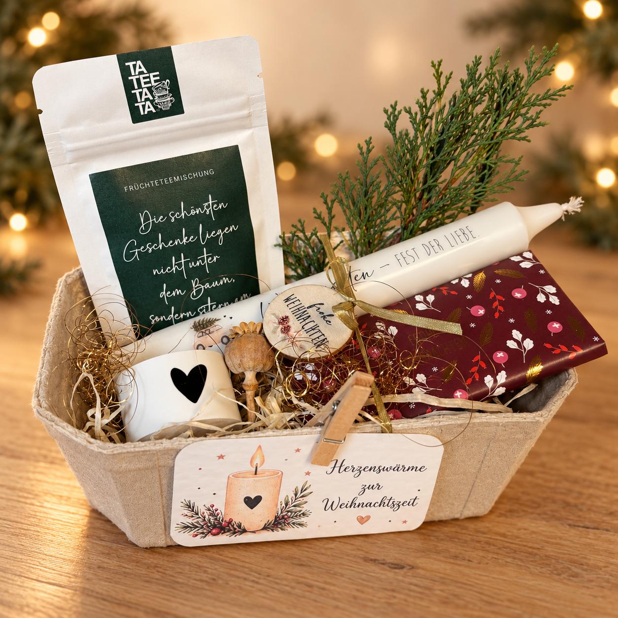 Körbchen 6 - Schokolade, Tee 17,90 Weihnachtliches Geschenk Körbchen 6 "Herzenswärme" - mit Tee nach Wahl, Kerze, Kerzenhalter, Schokoladentafel, weihnachtlicher Deko – Bild 1