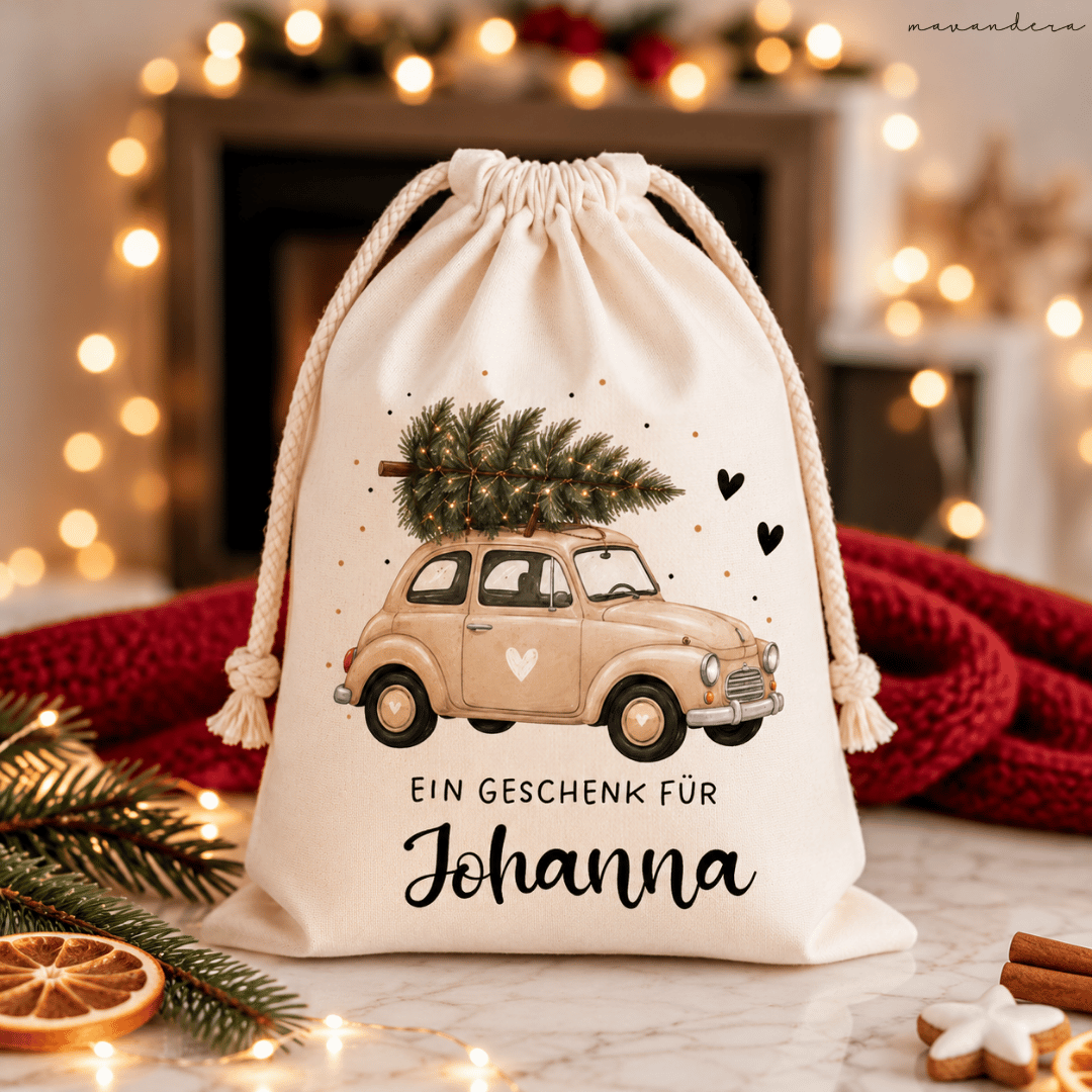 Nikolaus Sackerl - Auto Bus Nikolaus/Weihnachts Sackerl | Auto "Johanna" - personalisiert | verschiedene Größen - Baumwolle & Jute – Bild 1
