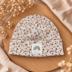 RIB Beanie *new* - Flowers Beige Lena | mit Patch nach Wahl - Baby, Kinder, Erwachsene