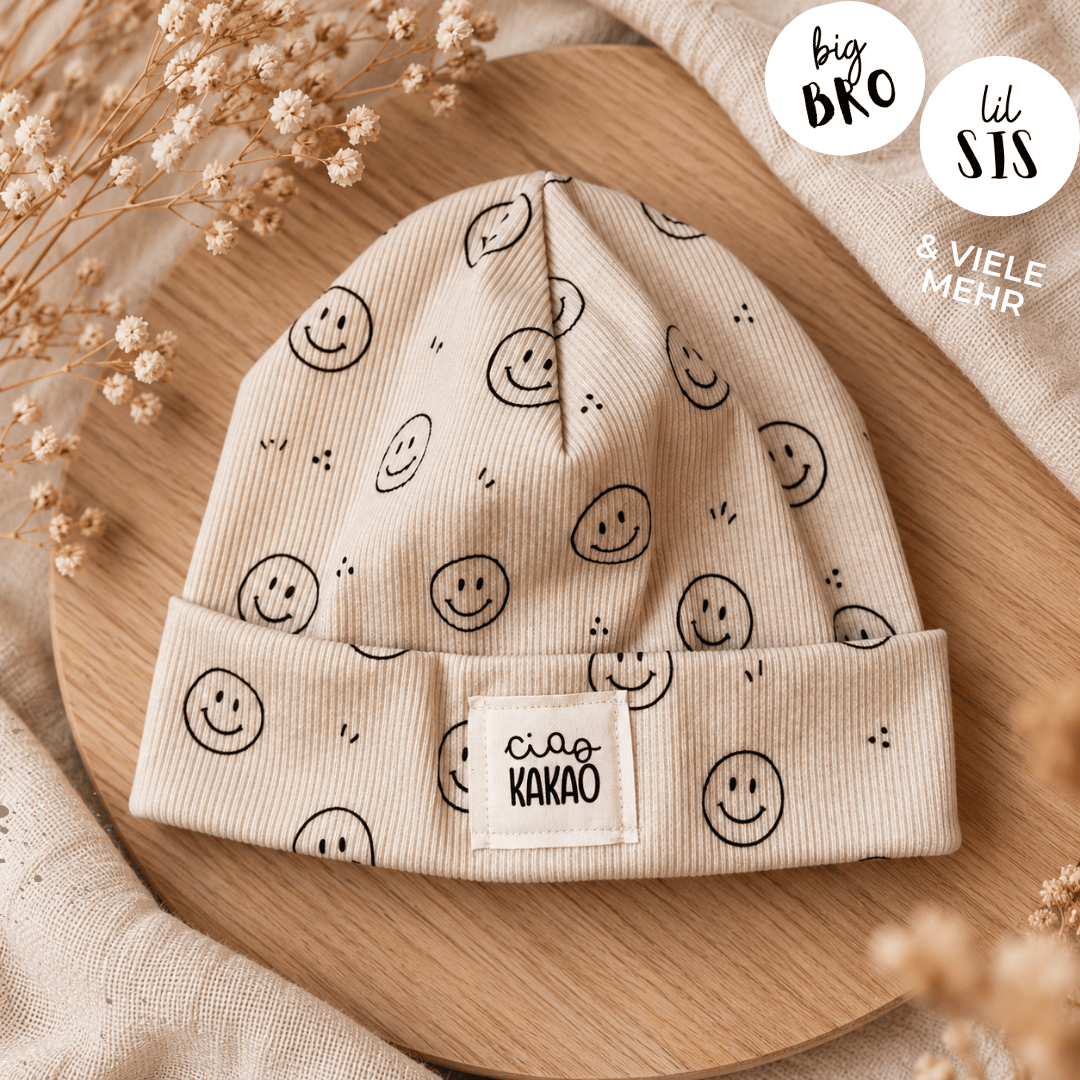 RIB BEANIE - smiley RIB Beanie *new* - Smiley Beige | mit Patch nach Wahl - Baby, Kinder, Erwachsene – Bild 1